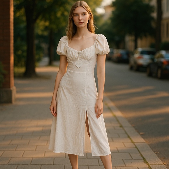 Here comes the sun Nwt ivory semi formal flutter sleeve side slit midi dress - Picture 1 of 9